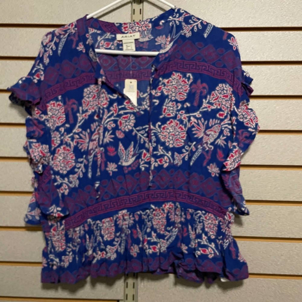 Ariat Cortez Top Candela Print Blue Pink Ruffle Peplum Smocked Blouse Large NEW‎
